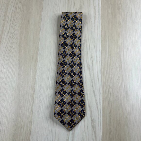 Vinatge 90s Paolo Gucci Mens Gray Blue Printted Designer Silk Necktie 58x4 In - Picture 1 of 16
